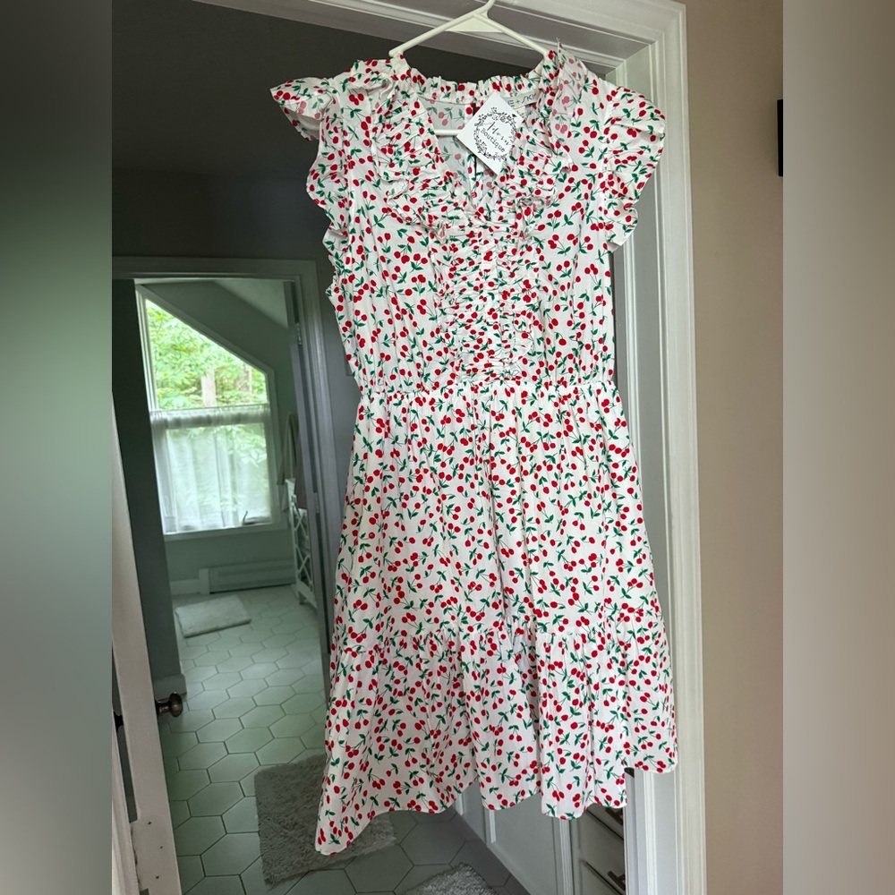 She + Sky Cherry Ruffle Dress - White with Red and Green cherries
